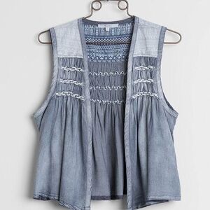 M Miss Me Women's Open Front Raw Edge Vest Sleeveless Boho Western Blue Medium